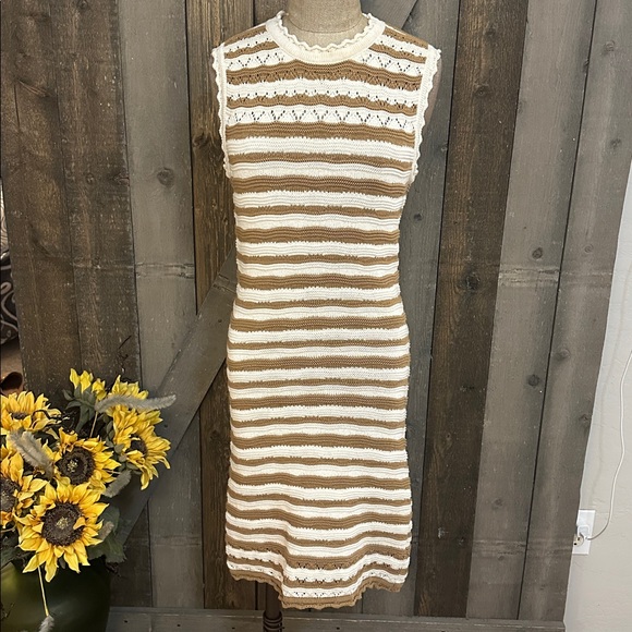 Veronica Beard Templeton Cream & Tan Sleeveless Stripe Knit Dress | Size Small - Picture 6 of 15